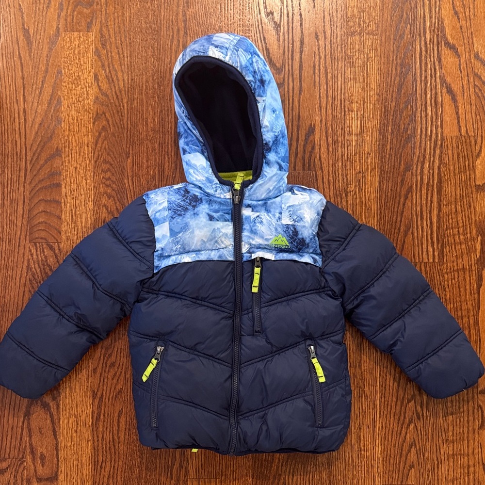 Blue and Black Puffer Jacket with Lime Accents